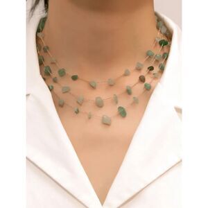 Triple Strand Layered Jade Green Gold Necklace Natural Stone Adjustable Crystal